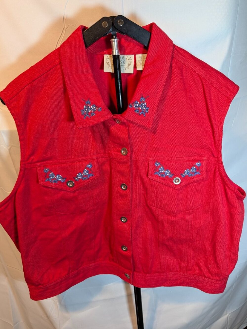 Khaki Rose Denim Vest Women's XL Blue Rose Embroidery Sleeveless Red